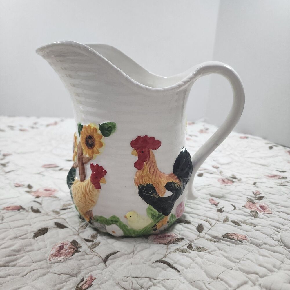 Vintage Ceramic Rooster Pitcher 3D Raised Embossed Chick Sunflowers Farmhouse